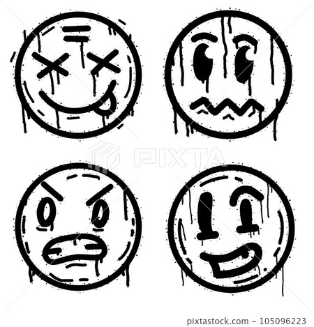 Graffiti grunge face. Cartoon aerosol fun expression. Spray funky paint art with leak and dot. Street art and urban vandalism symbol. Black grungy spill character isolated on white Graffiti grunge face. Cartoon aerosol fun expression. Spray funky paint art with leak and dot. Street art and urban vandalism symbol. Black grungy spill character isolated on white 105096223