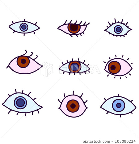 Eyes set groovy collection. Simple Outline hippie open eye icons. Human vision. Illustration isolated on white 105096224