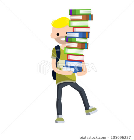 Student carries large pile of books Student carries large pile of books 105096227