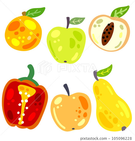 Fruits and vegetables isolated on white. Set of fresh vegetarian food. Delicious sweet snack dessert in colorful cartoon style Fruits and vegetables isolated on white. Set of fresh vegetarian food. Delicious sweet snack dessert in colorful cartoon style 105096228