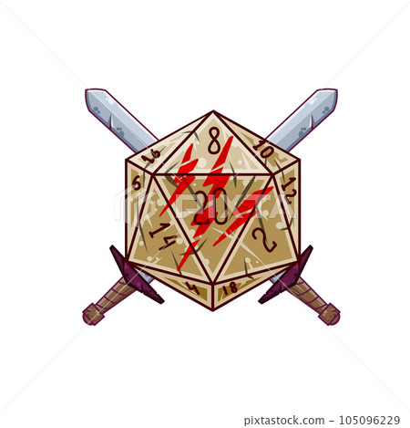 Dice d20 for playing Dnd. Dungeon and dragons board game. Crossed swords of medieval viking warrior, barbarian. Adventure cartoon Icon 105096229