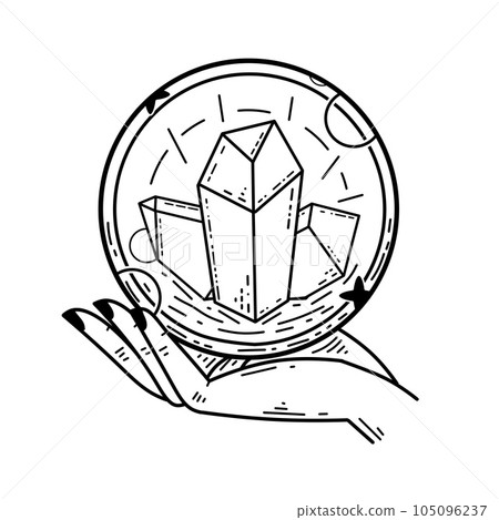 Magic crystal ball and gems in hand. Mystical and magical witch ritual. Spiritual mystery future wizard teller. Esoteric Astrology and fortune. Magic crystal ball and gems in hand. Mystical and magical witch ritual. Spiritual mystery future wizard teller. Esoteric Astrology and fortune. 105096237
