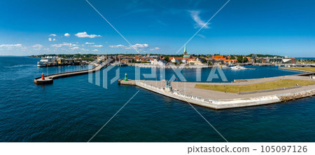 Aerial view of Kronborg castle with ramparts, ravelin guarding the entrance to the Baltic Sea and the Oresund in Helsingor Denmark 105097126