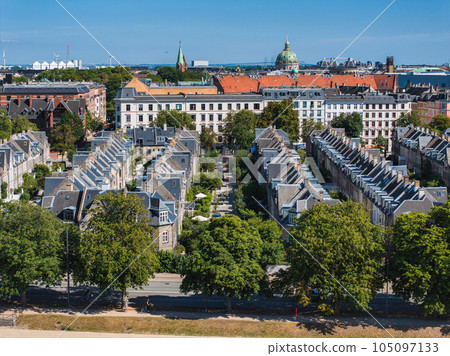 Aerial view of the rooftops of Kartoffelraekkerne neighborhood, in Oesterbro, Copenhagen, Denmark. The neighbourhood built in the late 1800s for working class families 105097133