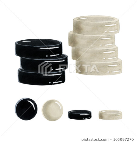 Watercolor stack of checkers illustration set isolated on white background. Intellectual board game for club flyers, brochures 105097270