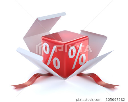 Concept of discount with red cube with the symbols of percent in the package Concept of discount with red cube with the symbols of percent in the package 105097282