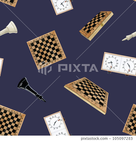 Watercolor chess seamless pattern with black and white kings, boards and clocks on dark blue background for textile, fabric, wrapping paper, competition fliers and clubs design Watercolor chess seamless pattern with black and white kings, boards and clocks on dark blue background for textile, fabric, wrapping paper, competition fliers and clubs design 105097283