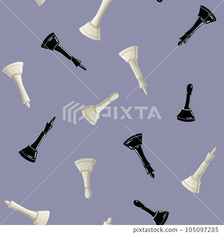 Chess game black and white pieces watercolor seamless pattern on lavender background with king, queen and bishop for textile, fabric, wrapping paper and brochures design Chess game black and white pieces watercolor seamless pattern on lavender background with king, queen and bishop for textile, fabric, wrapping paper and brochures design 105097285