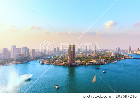 Cairo downtown panorama, view on the Nile, Gezira island and bridges, Egypt Cairo downtown panorama, view on the Nile, Gezira island and bridges, Egypt 105097286