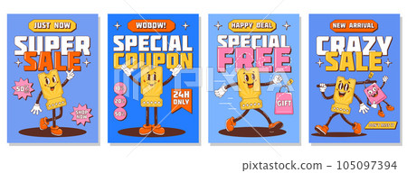 Set of posters, retro groovy sale with discount coupon character. Super discount, happy deal, new arrival, special free gift.Vector background, cards, banner. A4 format Set of posters, retro groovy sale with discount coupon character. Super discount, happy deal, new arrival, special free gift.Vector background, cards, banner. A4 format 105097394
