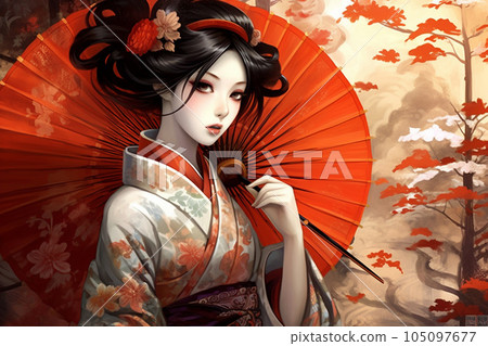 Generative ai. Attractive geisha in black kimono with flowers. Generative ai. Attractive geisha in black kimono with flowers. 105097677
