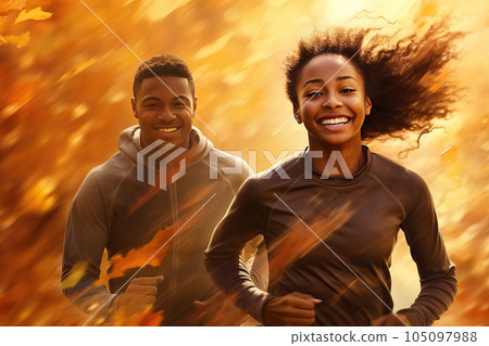 Young sporty couple during a short morning run through the summer forest. 105097988
