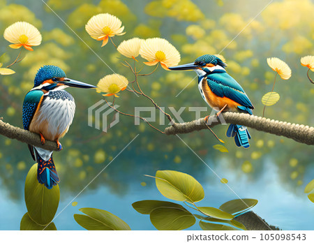 Kingficher birds on branches - Generative AI 105098543
