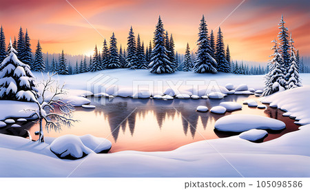 Winter snowy landscape in the mountain - Generative AI 105098586