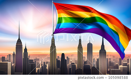 Gay pride rainbow flag upon a city - AI generated 105098588