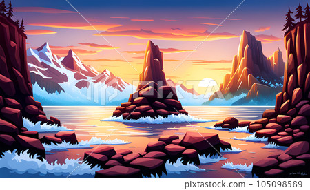 Fantasy colorful landscape with lake, mountain and ice - AI generated 105098589