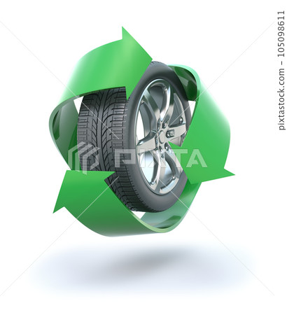 3D concept with rubber tire and green recycle symbol 3D concept with rubber tire and green recycle symbol 105098611