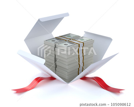 3D conceptual illustration with stack of dollars in open box 105098612