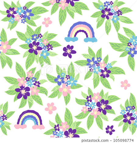 Floral seamless pattern with titian, lavender, blue, purple chamomile flower and leaves on pastel background. Floral seamless pattern with titian, lavender, blue, purple chamomile flower and leaves on pastel background. 105098774
