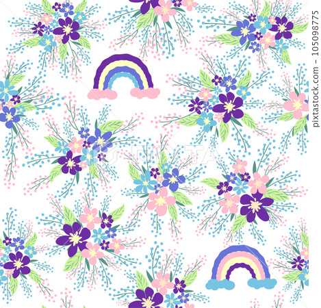 Floral seamless pattern with titian, lavender, blue, purple chamomile flower and leaves on pastel background. Floral seamless pattern with titian, lavender, blue, purple chamomile flower and leaves on pastel background. 105098775