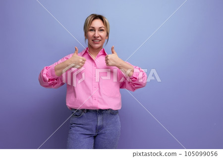 pretty businesswoman in pink shirt pointing finger at small business idea on studio background with pretty businesswoman in pink shirt pointing finger at small business idea on studio background with 105099056