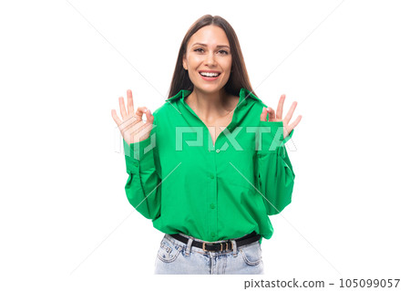young european brunette woman with brown eyes in green blouse isolated on white background with copy young european brunette woman with brown eyes in green blouse isolated on white background with copy 105099057