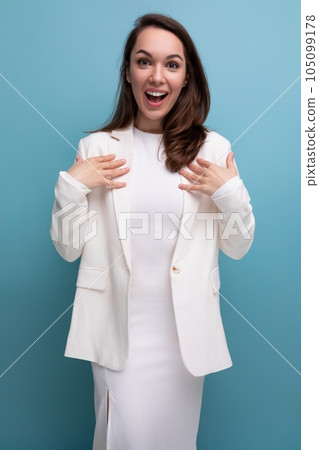 smart european pretty brunette young woman in dress and jacket 105099178