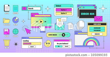 Vaporwave retro pc desktop with user interface elements in y2k style 105099193