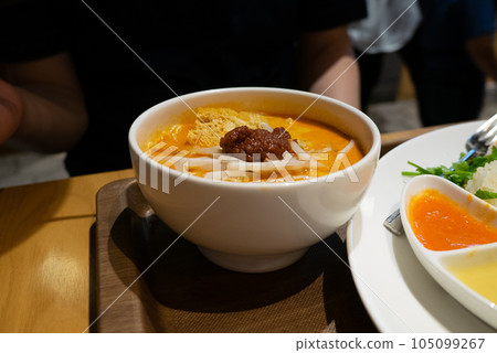 叻沙麵條。辣味湯中的米粉。 叻沙麵條。辣味湯中的米粉。 105099267