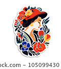 Sticker with a beautiful girl in flowers and leaves. For your design 105099430