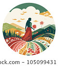 Silhouette of a girl on a field of ornaments against the background of colored hills and clouds. For your design 105099431