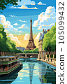 Landscape of the river with the Eiffel Tower against the background of the sky and clouds 105099432