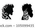 Flat black and white drawing of silhouettes of heads of men with beards with ornaments on a white background. For your design 105099435