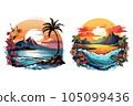 Drawings of tropical landscapes, ocean and mountains with sunset on the background 105099436