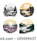 Drawings of mountain landscapes, rivers and mountains with a sunset on the background 105099437