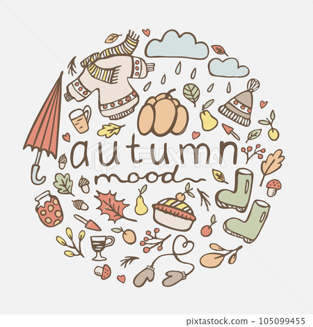 Autumn. Vector doodle illustration with lettering in a circle. Autumn mood. Isolated on light background. Autumn. Vector doodle illustration with lettering in a circle. Autumn mood. Isolated on light background. 105099455