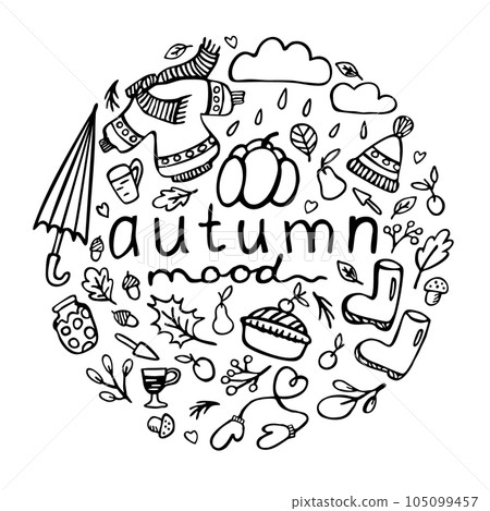 Autumn. Vector doodle monochrome illustration with lettering in a circle. Autumn mood. Isolated on white background. Autumn. Vector doodle monochrome illustration with lettering in a circle. Autumn mood. Isolated on white background. 105099457