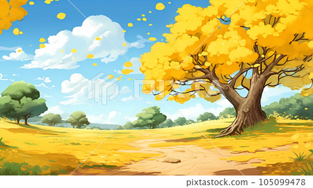 手绘卡通秋天的银杏树插画素材 105099478