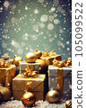 Bright and beautiful Christmas gift boxes on the background of falling snow and golden Christmas balls. Holiday concept. Generative AI 105099522