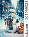 Merry Christmas and New Year greeting card. A cute and happy snowman in a knitted hat and scarf, standing against the background of a winter Christmas landscape and gifts. Generative AI 105099525