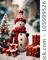 Merry Christmas and New Year greeting card. A cute and happy snowman in a knitted hat and scarf, standing against the background of a winter Christmas landscape and gifts. Generative AI 105099526