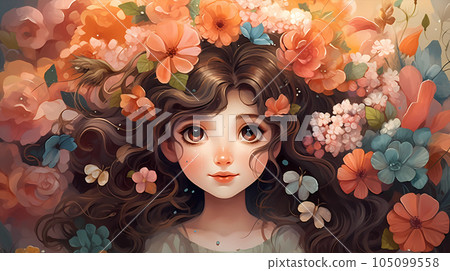 手绘卡通唯美的花丛中的女孩插画 手绘卡通唯美的花丛中的女孩插画 105099558