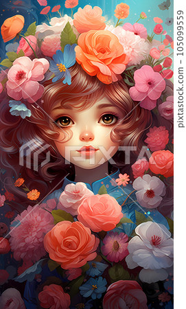 手绘卡通唯美的花丛中的女孩插画 手绘卡通唯美的花丛中的女孩插画 105099559