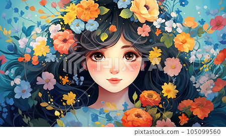 手绘卡通唯美的花丛中的女孩插画 手绘卡通唯美的花丛中的女孩插画 105099560