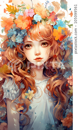 hand drawn cartoon beautiful illustration of girl in flowers 105099561