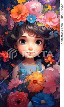 手绘卡通唯美的花丛中的女孩插画 105099564