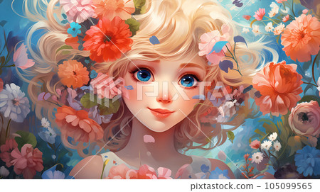 手绘卡通唯美的花丛中的女孩插画 105099565