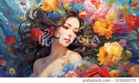 手绘卡通唯美的花丛中的女孩插画 105099570