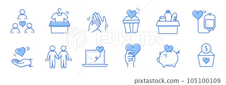 Charity hand, money, blood donation doodle line icon. Charity volunteer, support, blood donor concept icon set. Volunteer heart, donate food hand drawn doodle sketch style line. Vector 105100109