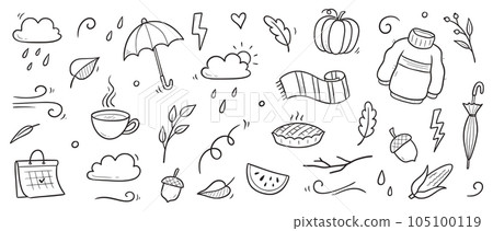 Autumn doodle vector set. Hand drawn doodle sketch style nature fall season, autumn icon background. Autumn falling leaves, wind season, umbrella sketch elements. Vector Autumn doodle vector set. Hand drawn doodle sketch style nature fall season, autumn icon background. Autumn falling leaves, wind season, umbrella sketch elements. Vector 105100119